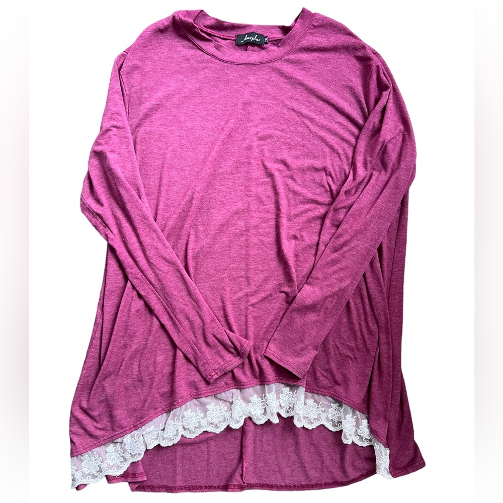 Red Tunic Shirt Top White Lacy Trim Long Sleeves size 3X